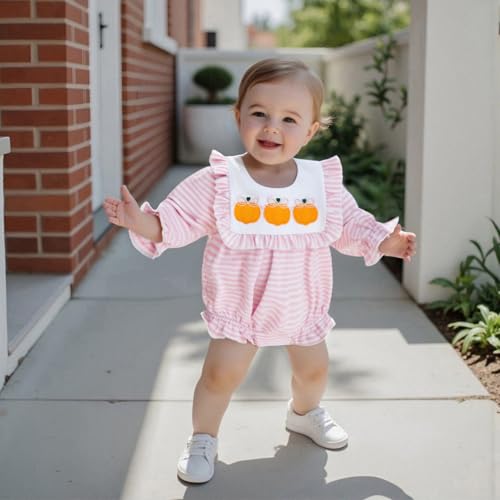 Seyurigaoka Newborn Baby Girl Halloween Outfit Pink Striped Smocked Bubble Romper Bodysuit Halloween Pumpkin Fall Clothes2