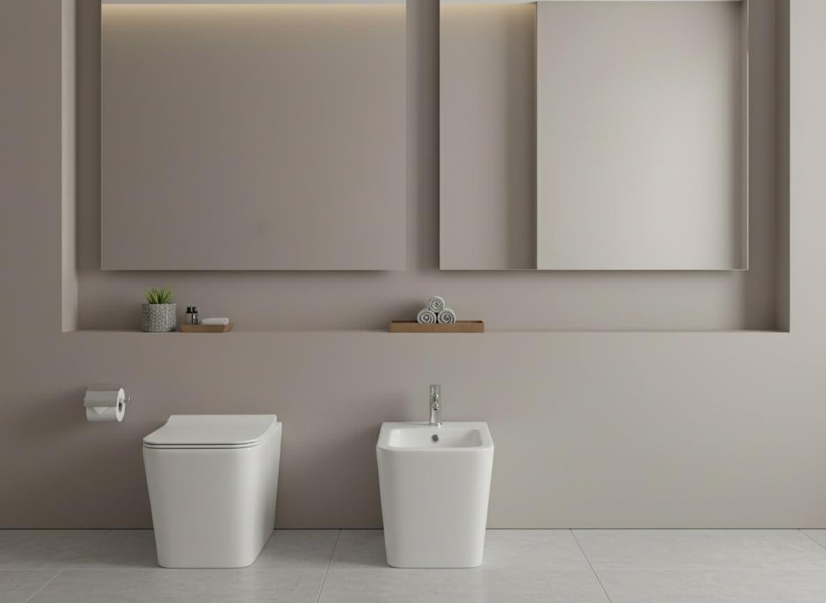 Coppia di Sanitari Modello Edge Rimless - Senza brida - Filo muro a terra bianco con coprivaso soft close, design squadrato