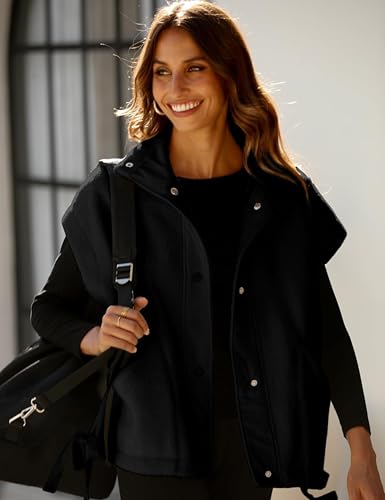 Omoone Damen Sherpa-Weste übergroße Fleece-gefütterte Weste mit Taschen, lässiger Button-Down-Bodywarmer, Schwarz , XL-3XL