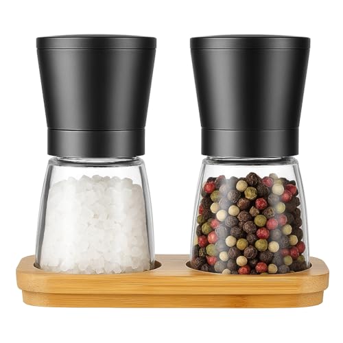 Salz- und Pfeffermühlen-Set in elegantem Black Design, Magnetischer Verschluss, Keramik-Mahlwerk, mit Bambus-Unterteller