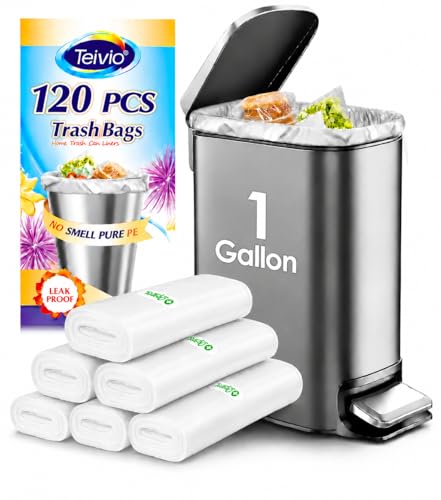 Teivio 1 Gallon 120 Counts Mini Clear Trash Bags 1-1.2 Gallon Garbage Bags,Small Waste Basket Liners,Bathroom Trash Can Bin Liners, Plastic Bags for home office kitchen, 4-5 Liters,Clear