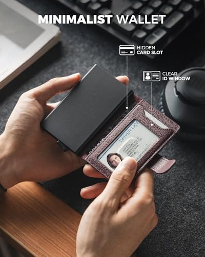 Image of VULKIT Slim Bifold Pop up Wallet Minimalist Leather Card Holder RFID Blocking Metal Card Case with ID Window for Women | with Leather Slots