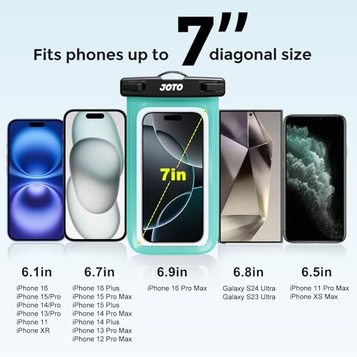 Image of JOTO Up to 7 inch Universal Waterproof Phone Case for iPhone 17 Air 16 15 14 13 12 11 Plus Pro Max, IPX8 Cellphone Dry Bag XR X SE, Galaxy S23 S22 S21 S20+ S20 S10 Plus Note, Pixel -Green