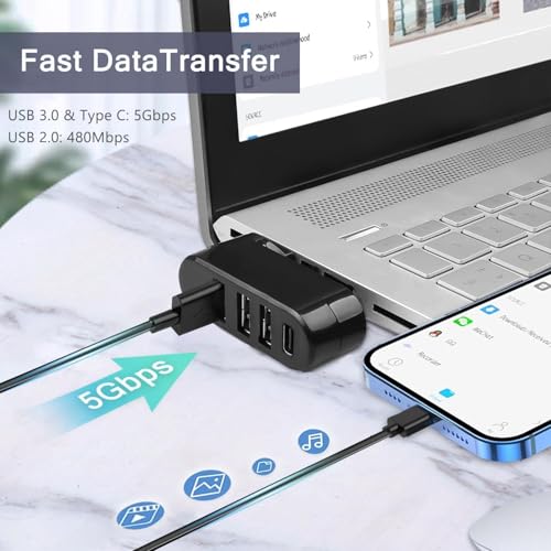 Image of 4 Ports USB 3.0 Hub (90 /180 Degree Rotatable), USB Multiport Rotating with US.B C Power /Data Port, U.SB Extender for Laptop, Camera, PC, Xbox, MaBook Pro and More (USB-A 4PORT HUB)
