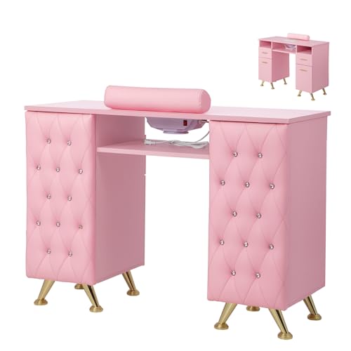 OmySalon Manicure Table w/Dust Collector, Nail Desk for Nail Tech, Nail Station with Storage, for Makeup Beauty Spa Salon, w/Hand Rest, Acetone Resistant (Pink, Manicure Table Only)