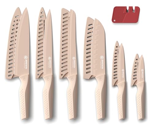 Brewin Knife set, 13 Pieces Kitchen Knives Set, Anti-Rust Coating and Blade Guard, Home Essentials - Khaki