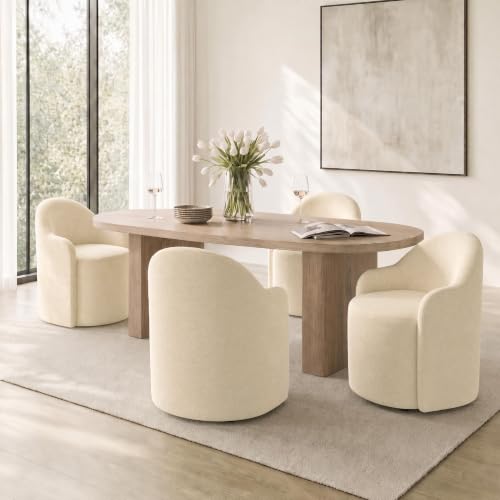 Image of KISLOT Upholstered Dining Chairs Set of 4 with Caster, Pre-Assembled, Sand | Modern Dining Room Chairs with Wheels, Rolling Vanity Chair with Round Backrest for Kitchen, Bedroom, Dressing, Linen Fabric