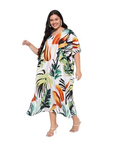 Image of Gypsie Blu Women Plus Size Kaftan Dress Beach Cover Up Maxi Dresses for Women, V-Neck Kimono Sleeve 1X-3X