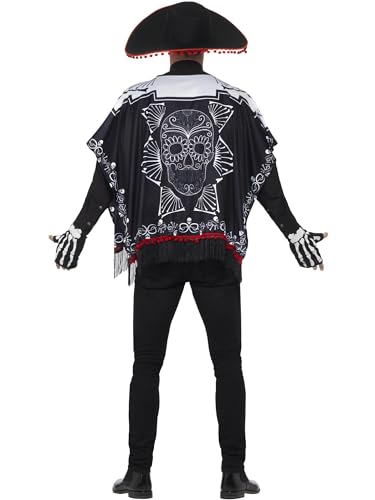 Smiffys Day of the Dead Bandit Costume, Black & White with Poncho, Sombrero & Gloves, Mexican Day of The Dead/Sugar Fancy Dress, Halloween Dress Up Costumes