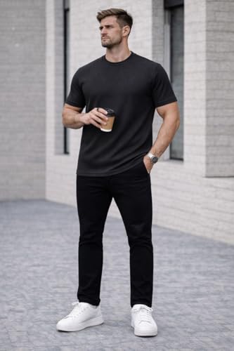 Image of Mack Jonney Men's Striped Ribbed Black Half Sleeve T-Shirt | Premium Soft Stretch Fabric | Casual Wear Round Neck Tee-M6358