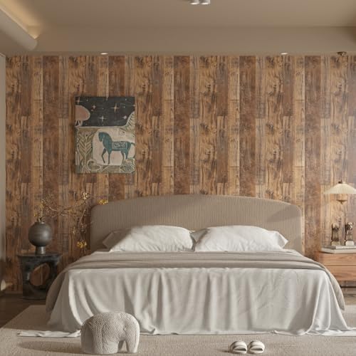 TANONE Wood Contact Paper Kitchen Peel and Stick Wallpaper, Self Adhesive Removable Wallpaper Countertops Waterproof, Shiplap Wall Paper Wood Vinyl Wrap for Cabinets Rustic Brown 17.5" X 118.1"