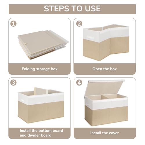INDRESSME Large Toy Box with Lid, Collapsible Toy Storage Organizer Chest with Divider, Foldable Toy Bin for Kids Boys Girls Playroom Nursery Bedroom Living Room 25"x16"x13" (Beige & White)