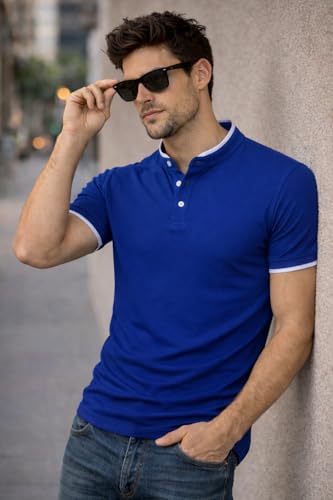 Image of Dagcros Men Polo T-Shirt, with White Trim, Short Sleeve, Button Collar Tshirt for Mens