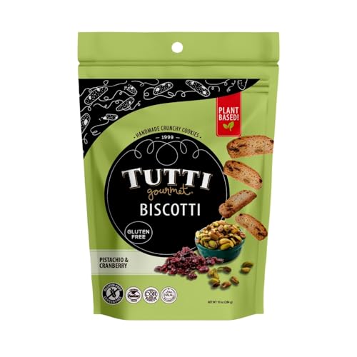 Tutti Gourmet Gluten Free Pistachio & Cranberry Biscotti, 9.9 oz (283g) Resealable Cookie Bag – Vegan and Halal Snacks