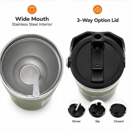 Image of 900ml Insulated Tumbler with Handle and Straw Lid | Stainless Steel Vacuum Mug | Leakproof Water Bottle | Hot & Cold Coffee Tumbler | Drinking Cup for Gym, Office, Car, Camping & Travel (Green)