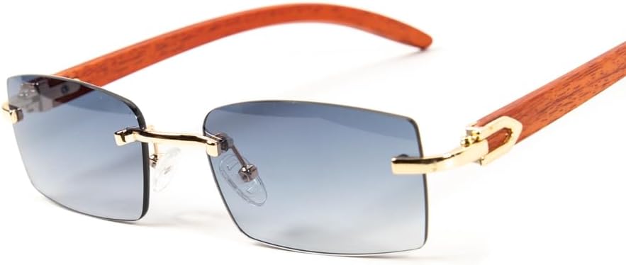 Rimless Gold Frame Blue Gray Tint Lens Luxury Rectangle Woodgrain Sunglasses for Women Men Shades Retro 90s Frameless Vintage Y2K Small Square Trendy Sun Glasses - Image 4