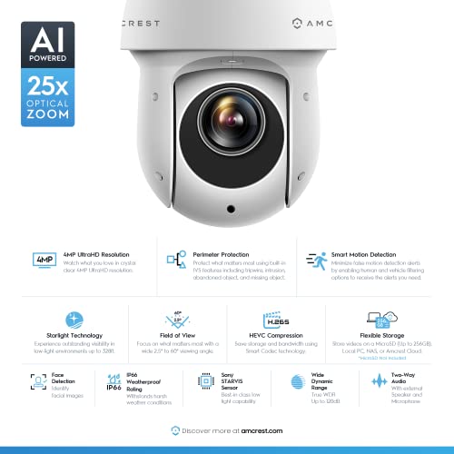 Amcrest 4Mp Outdoor Ptz Poe + Ai Ip Camera Pan Tilt Zoom (Optical 25X Motorized) Security Speed Dome, People And Vehicle Detection Ai, Face Detection, 328Ft Night Vision Poe+ (802.3At) Ip4M-1063Ew-Ai #TOP1
