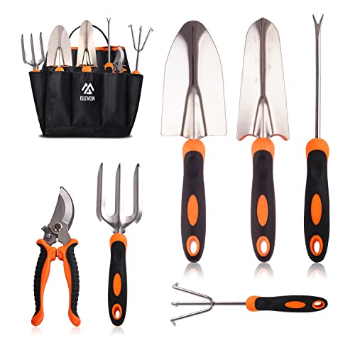 Elevon Gardening Tool Set, Stainless Steel Heavy Duty Gardening Kit with Ergonomic Handles, Durable Gardening Bag, Ideal Gardening Tool Set - Suitable for Men and Women (Orange, 7Piece)