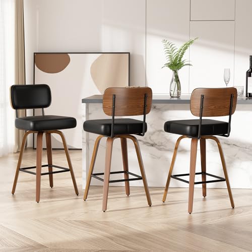 Image of Swivel Bar Stools Set of 3, 26 inch Upholstered Faux Leather Counter Height Barstools with Walnut Back & Bentwood Legs, Mid Century Modern Bar Chairs Island Stools for Kitchen Counter, Black