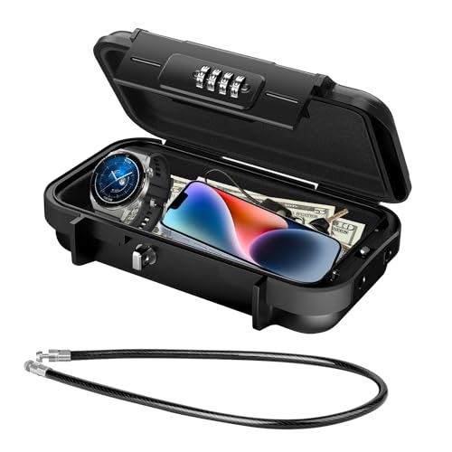 Portable Cash Box, Four-Digit Code Lock, Water & Rust Proof, 235 * 141 * 58mm Mini Safe for Travel & Sports