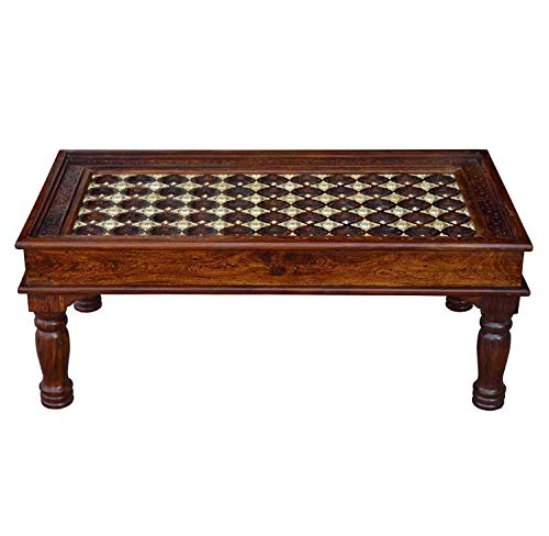 Image of Jangid Handicraft Sheesham Wood Rectangle Center Coffee Table for Living Room | Centre Table with Brass Chair Nails Design| Without Glass Top, Rosewood, Brown