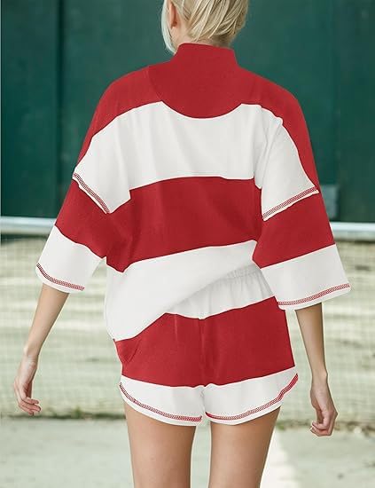 Striped Workout Set 2 PCS for Women Summer Casual Loose Zip Up Top Elastic Waist Shorts with Pocket4