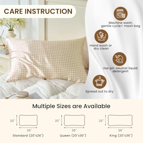 Image of THXSILK Set of 2 Mulberry Silk Pillowcase for Hair and Skin, Cooling Bed Pillow Cover with Hidden Zipper, Soft Smooth Print Silk Pillowcase Gifts for Women Men Standard 20 inchx26 inch, Khaki Plaid