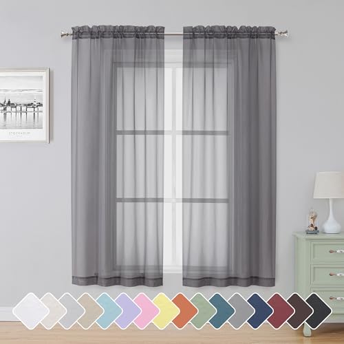 Image of Simplebrand Grey Sheer Curtains 63 Inch Length 2 Panels, Rod Pocket Solid Color Window Sheer Curtain Panels, Elegant Curtains & Drapes for Living Room, Bedroom 2 Panels (Charcoal Grey, 42 inch W x 63 inch L)