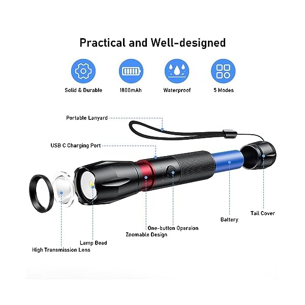 Blukar LED Taschenlampe Aufladbar, Extrem Helle Zoombares Taschenlampen mit 5 Lichtmodi und Langer Betriebsdauer, IPX6 Wasserdichte Handlampe für Camping, Wandern, Angeln, Notfäll [2 Stück]-Schwarz – Bild 10