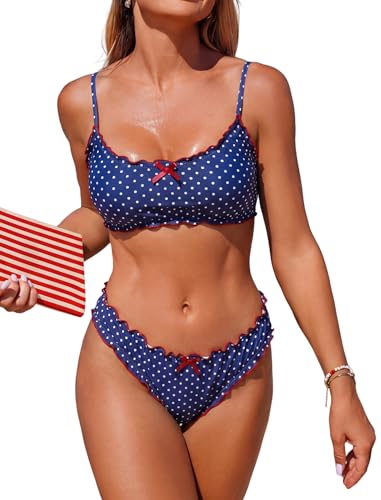 ZAFUL Women Ruffled Bikini Set Scoop Neck Swimsuit,Navy White,X-Large
