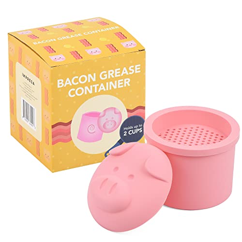 IMPRESA 2 Cup Extra Large Pink Pig-Shaped Grease Container with Novelty Bacon Strainer – Silicone Jar for Dripping Disposal & Kitchen Storage Giftable - Bacon Grease Saver with Strainer
