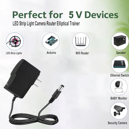 5V DC Power Supply 2A Wall AC Adapter 100-240V 50-60Hz to DC 5 Volt 2 Amp Power Adapter Cord with 5.5x2.5mm Plug for TV Box LED Strip Lights Speaker Camera Router