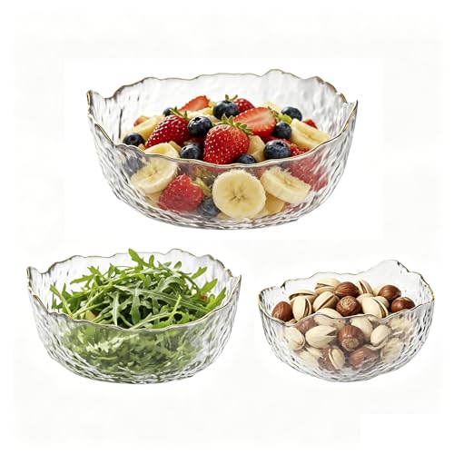 KMYC Glass Salad Bowls Set, Irregular Shape with Gold Rim, 3 Piece Serving and Mixing Bowl for Fruit, Dessert, Cereal, Pasta, Popcorn