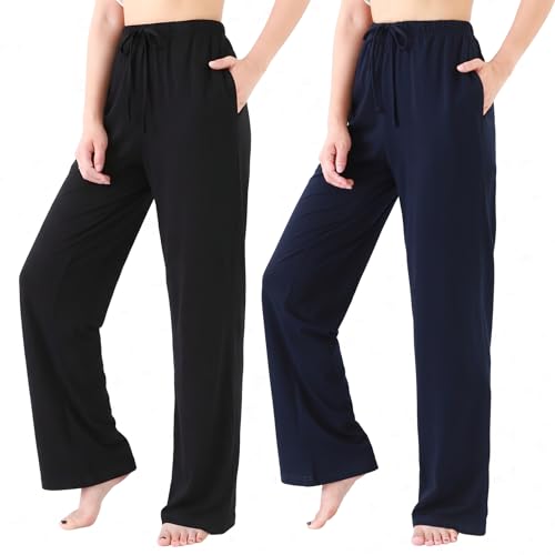 Garmagic 100% Cotton Women Pajama Pants, Lounge and Sleep Bottoms, 2-Pack, Black/Navy, S