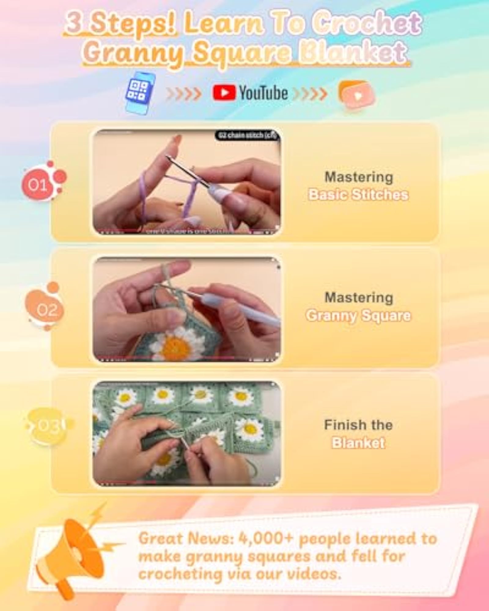 Crochet Kit for Beginners, Easy Granny Square Blanket Kit
