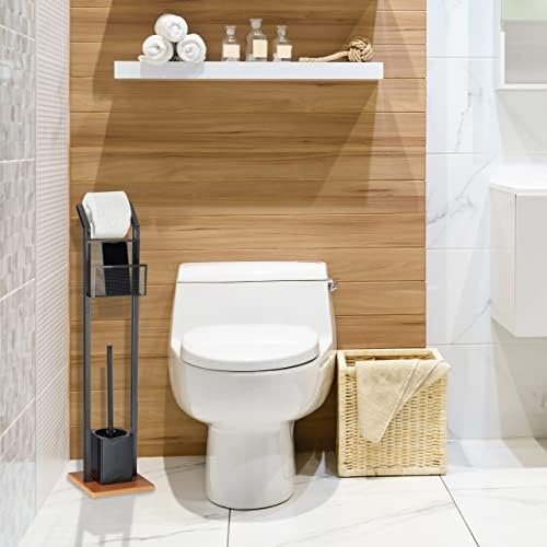 Relaxdays Accessory Set with Tray, Paper, Toilet Brush with Holder, Square Base, Wooden Look, H 78 cm, Black, 78 x 18.5 x 18.5 cm