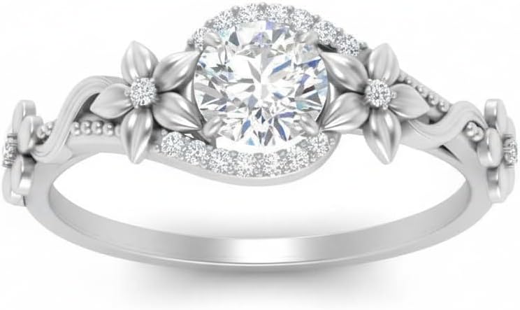Choose Your Gemstone Round Floral Halo Diamond CZ Ring Sterling Silver Round Shape Halo Engagement Rings Everyday Jewelry Wedding Jewelry Handmade Gifts for Wife US Size 4 to 12