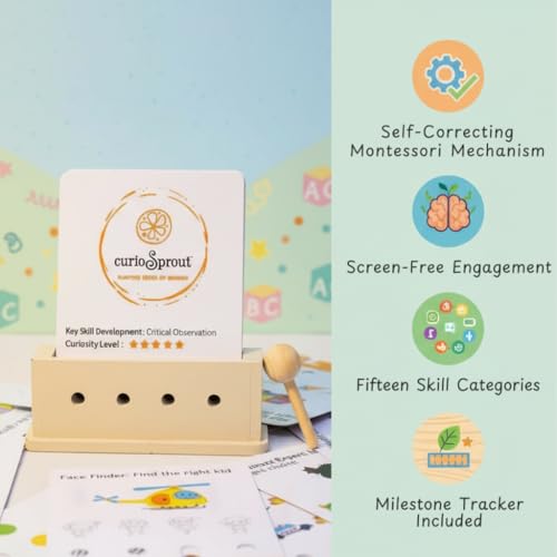 Image of Little Genius Logic Cards-80 Interactive Flash Cards | Brain Development Gifts for Ages 3-8 Y | Cognitive Skills, Problem-Solving & Hand-Eye Coordination | Wooden Block & Pin Puzzle Toy