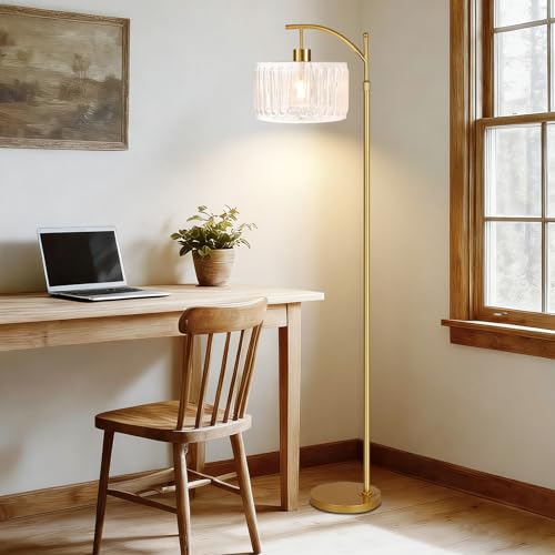 Image of QIYIZM Glass Floor Lamp for Living Room,Bedroom,Gold Dimmable Standing Lamp with Remote,Brass White Tall Lamp Boho Mid Century Modern Floor Lamps Arc Floor Light Lamp Girls Kids Bohemian