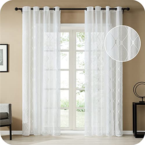 Topfinel Ricamato Losanga Voile Tende Tenda per Ficamato per Ficamato Occhielli Pura Parete Moderne Decorativo Porta Balcone per Camere da Letto,200x250cm,2 Pezzi Colore Bianca