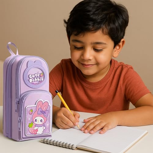 Image of Famyo Cute Pink Rabbit Pencil Pouch for Girls | Aesthetic Pencil Box for Kids | School Stationery Case & Cute Stationery Item with 3 Compartments | Pen Pouch Bag