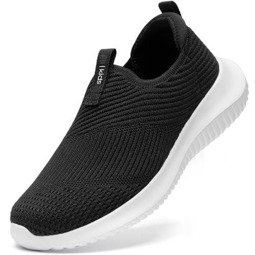 STQ Boys Sneakers Kids Slip on Shoes Running Walking Tennis Athletic Sports Barefoot Cushion Fitness Training Fashion Minimalist Children Youth School Teen Non Slip Black White Size 5 Big Kid