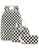 LOIDOU Mochila para adolescentes, niñas, libros infantiles, mochila escolar con bolsa de almuerzo, estuche escolar, juego para la escuela, Conjunto de rejilla blanco y negro, large, Casual