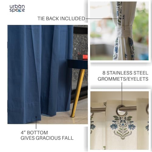 Image of Urban Space 100% Cotton Curtains for Door, Combo Set of 3 Curtains 8 feet Long, 60-65% Room Darkening Curtain, Tieback & Eyelets Included with Curtain for Home Decor (Liberty Blue, 8 Feet)