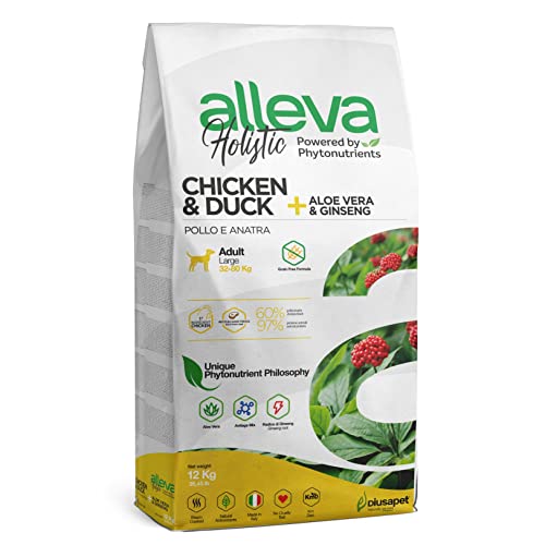 Alleva Crocchette secco Ultrapremium Holistic per cani adulti di taglia grande al Pollo fresco e Anatra con Aloe Vera & Ginseng Adult maxi kg 12