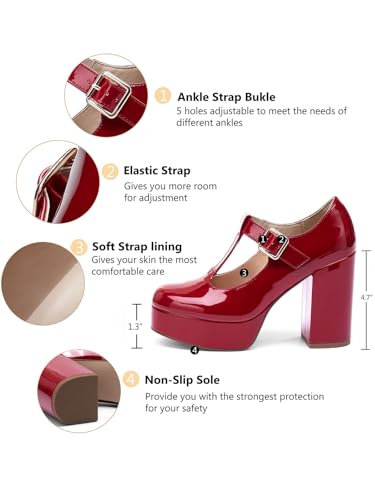 Image of Coutgo Womens' T-Strap Round Toe Chunky Platform Heels Patent Mary Jane Dress Shoes