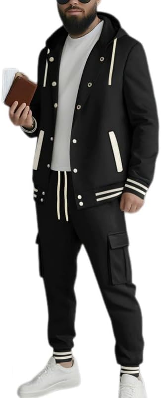 prigridche Men's Hooded Baseball Cardigan Sweatshirt Tracksuit Sets