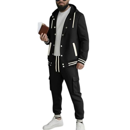 prigridche Men 's Casual Tracksuit Hooded Baseball Jacket Elastic Waistband Sweatsuit Set Black
