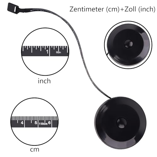 Taschenmessband, schwarzes Kunststoff, 60 Zoll(150 cm) lang, beidseitige Skalen, automatisches Zurückrollen-Design