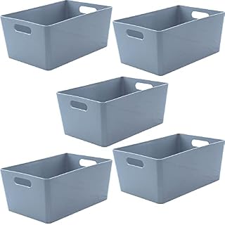 Kaya Pack of 5 Plastic Storage Baskets with Handle for Home, Office & Kitchen Rectangular Storage Basket - Cupboard Storage & Organiser Boxes (GREY)